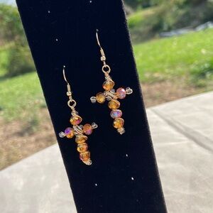 Elegant Gold and Orange Beaded Cross Earrings